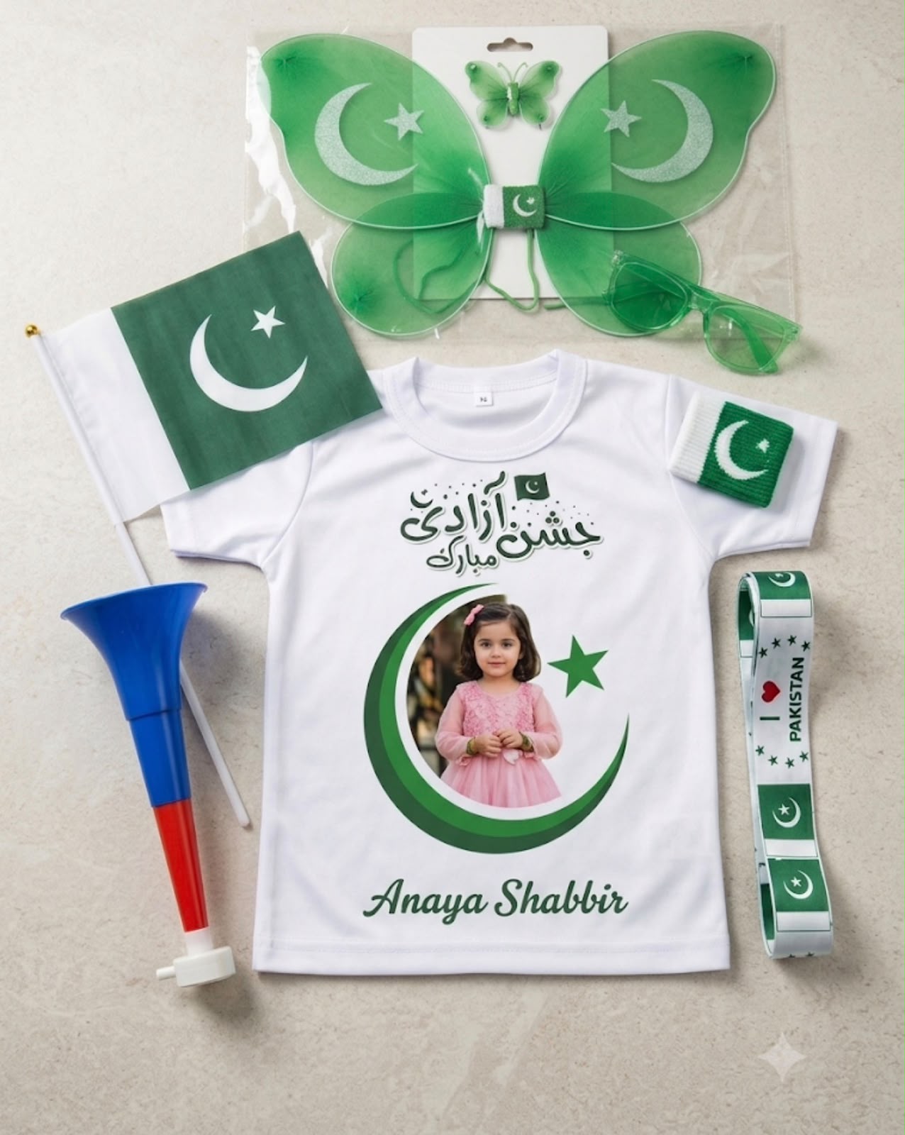 9-Piece 14 August Independence Day Girls Accessories Deal – Green & White Festive Set
