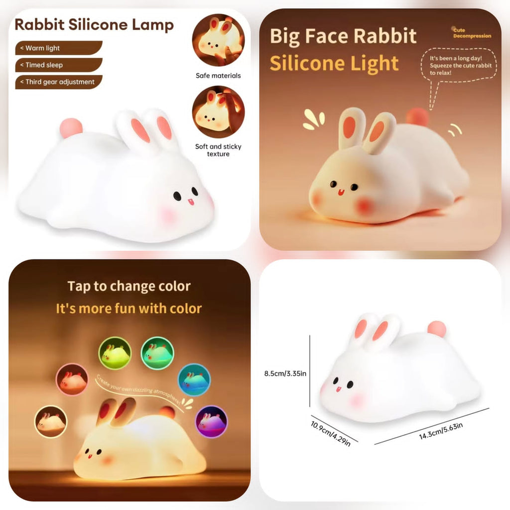 Cute Silicone Rechargeable Rabbit Night Light - Tap Control RGB Lamp with Sleep Timer