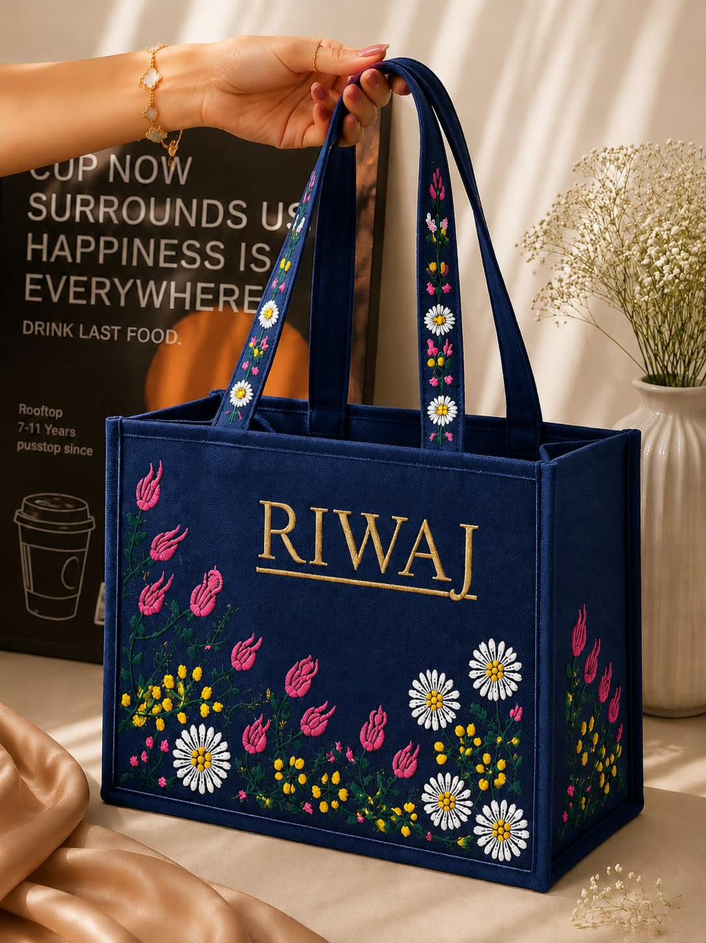 Riwaj Women's Big Size Printed Canvas Tote Bag – Large Shoulder Bag with Long Handles