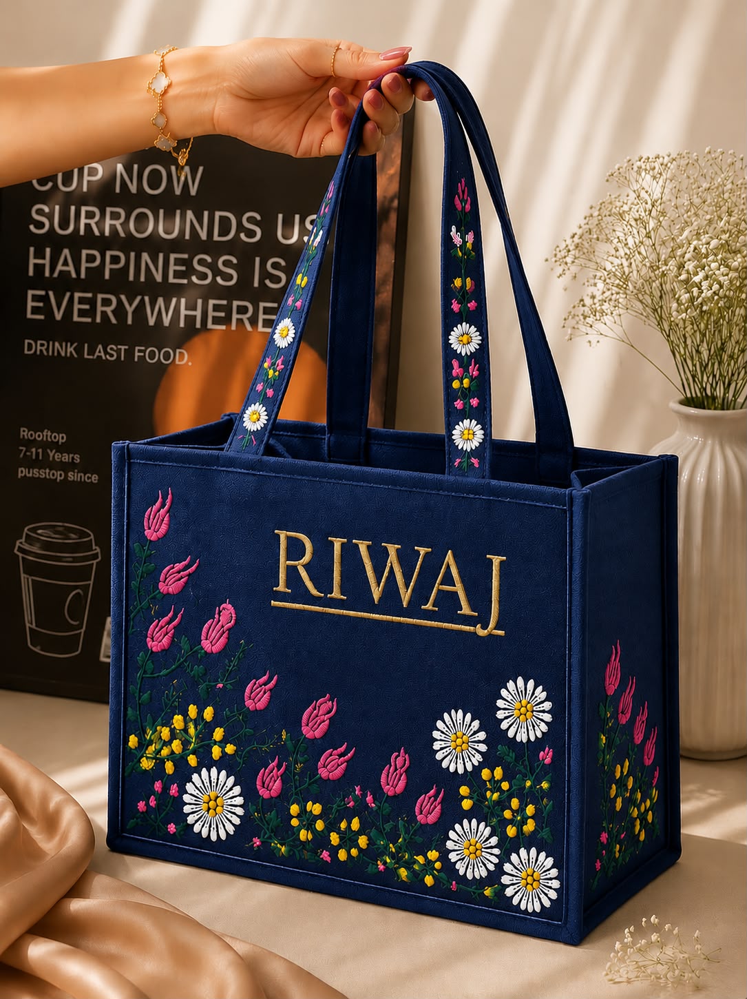 Riwaj Women's Big Size Printed Canvas Tote Bag – Large Shoulder Bag with Long Handles