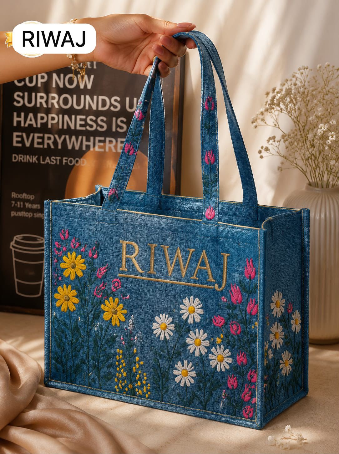 Riwaj Women's Big Size Printed Canvas Tote Bag – Large Shoulder Bag with Long Handles