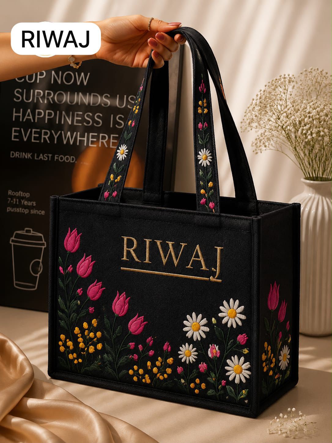 Riwaj Women's Big Size Printed Canvas Tote Bag – Large Shoulder Bag with Long Handles