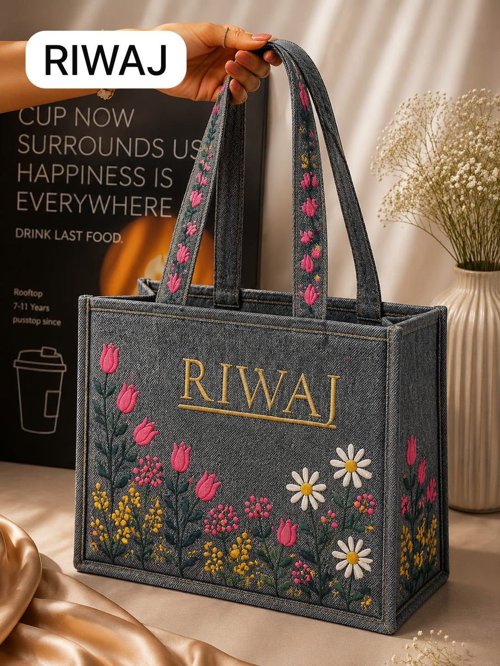 Riwaj Women's Big Size Printed Canvas Tote Bag – Large Shoulder Bag with Long Handles
