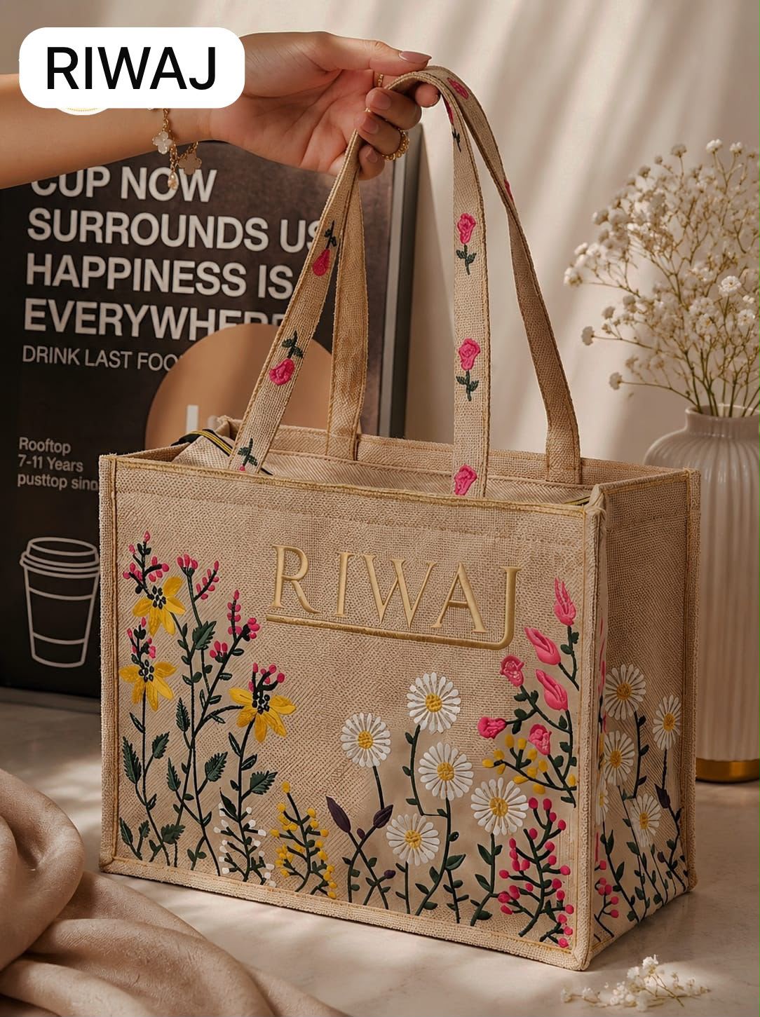 Riwaj Women's Big Size Printed Canvas Tote Bag – Large Shoulder Bag with Long Handles
