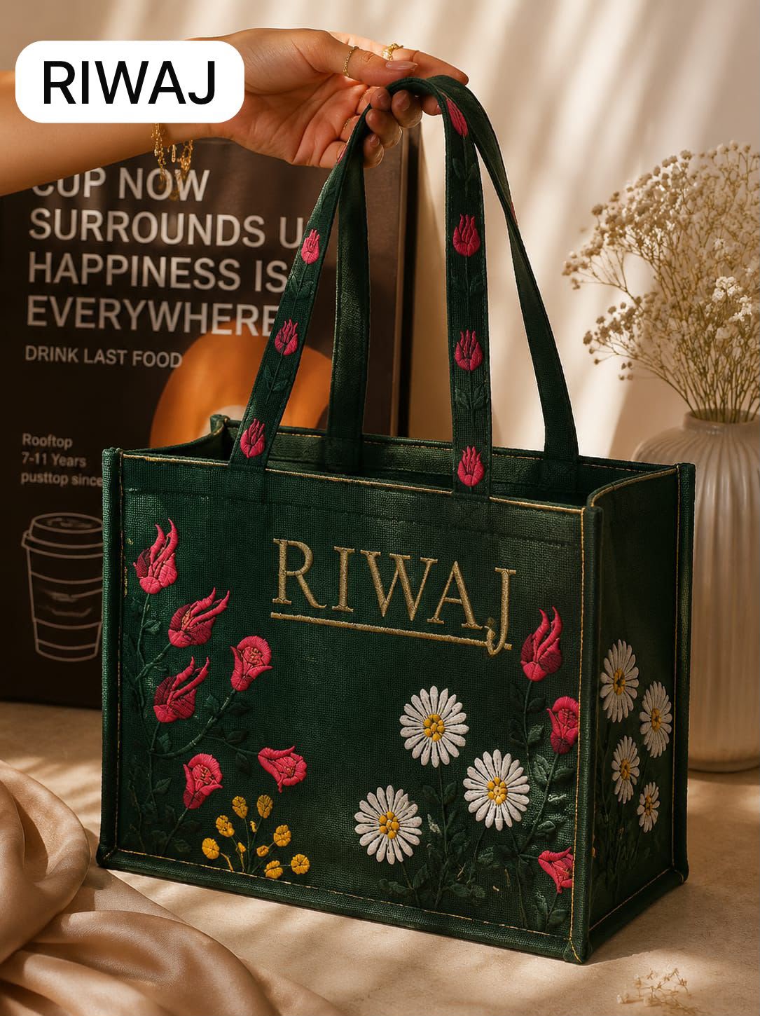 Riwaj Women's Big Size Printed Canvas Tote Bag – Large Shoulder Bag with Long Handles