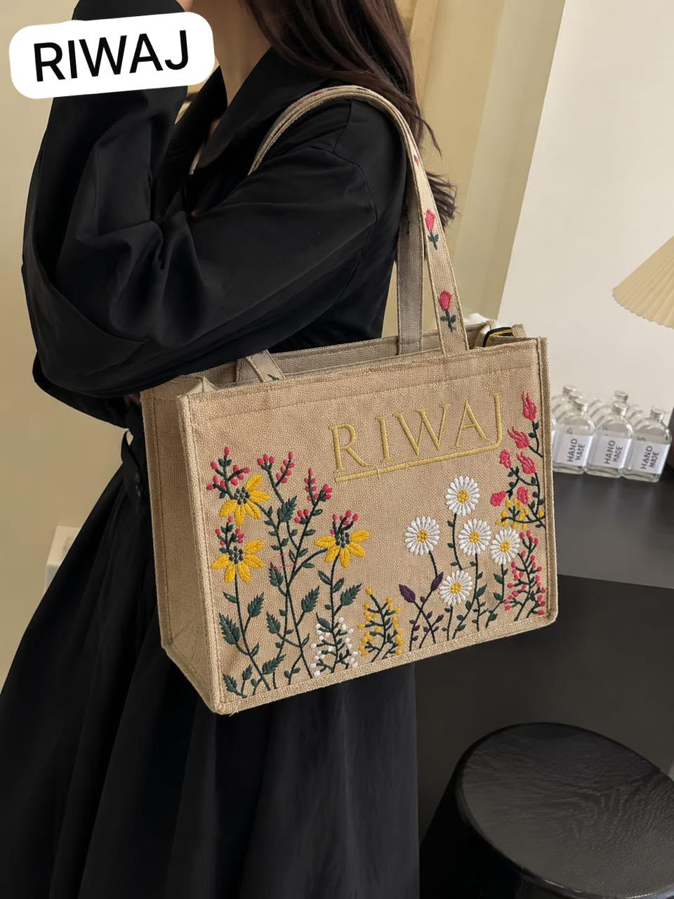 Riwaj Women's Big Size Printed Canvas Tote Bag – Large Shoulder Bag with Long Handles