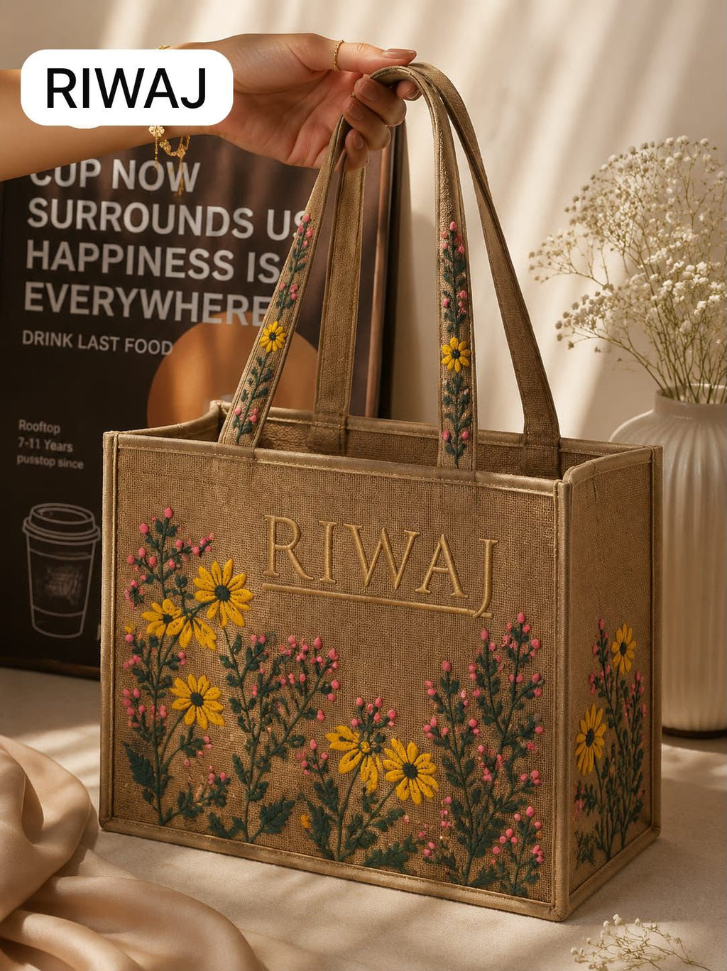 Riwaj Women's Big Size Printed Canvas Tote Bag – Large Shoulder Bag with Long Handles