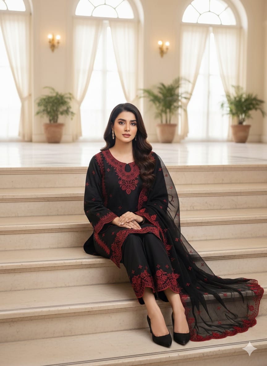 Heavy Embroidery 3-Piece Cotton Suit with Cutwork Chiffon Dupatta