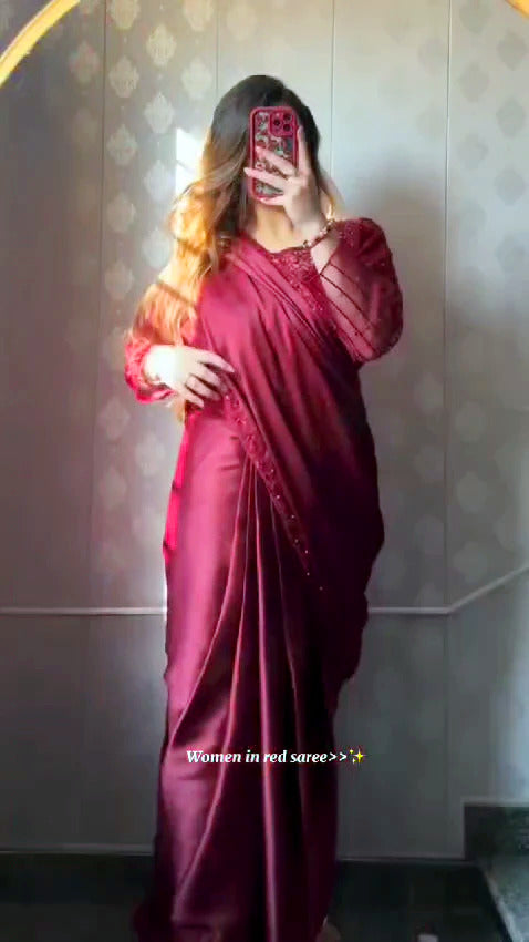 Ready to Wear Sequence & Pearl Embroidered Silk Saree with Organza Blouse Set