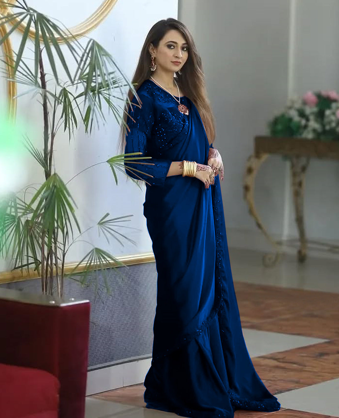 Ready to Wear Sequence & Pearl Embroidered Silk Saree with Organza Blouse Set