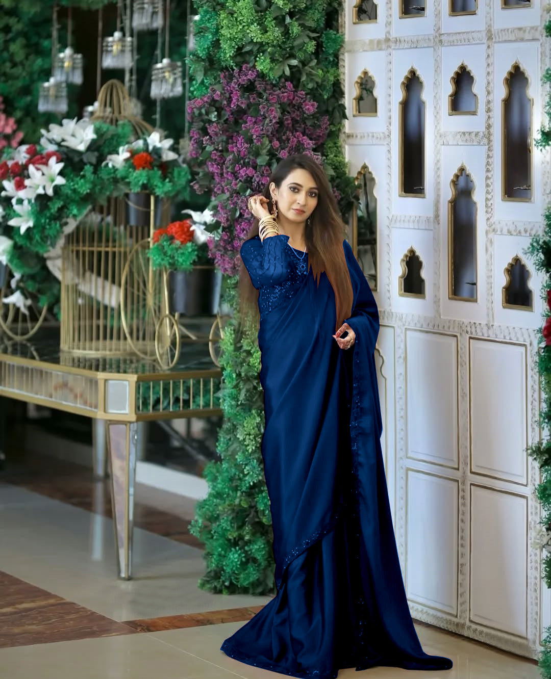 Ready to Wear Sequence & Pearl Embroidered Silk Saree with Organza Blouse Set