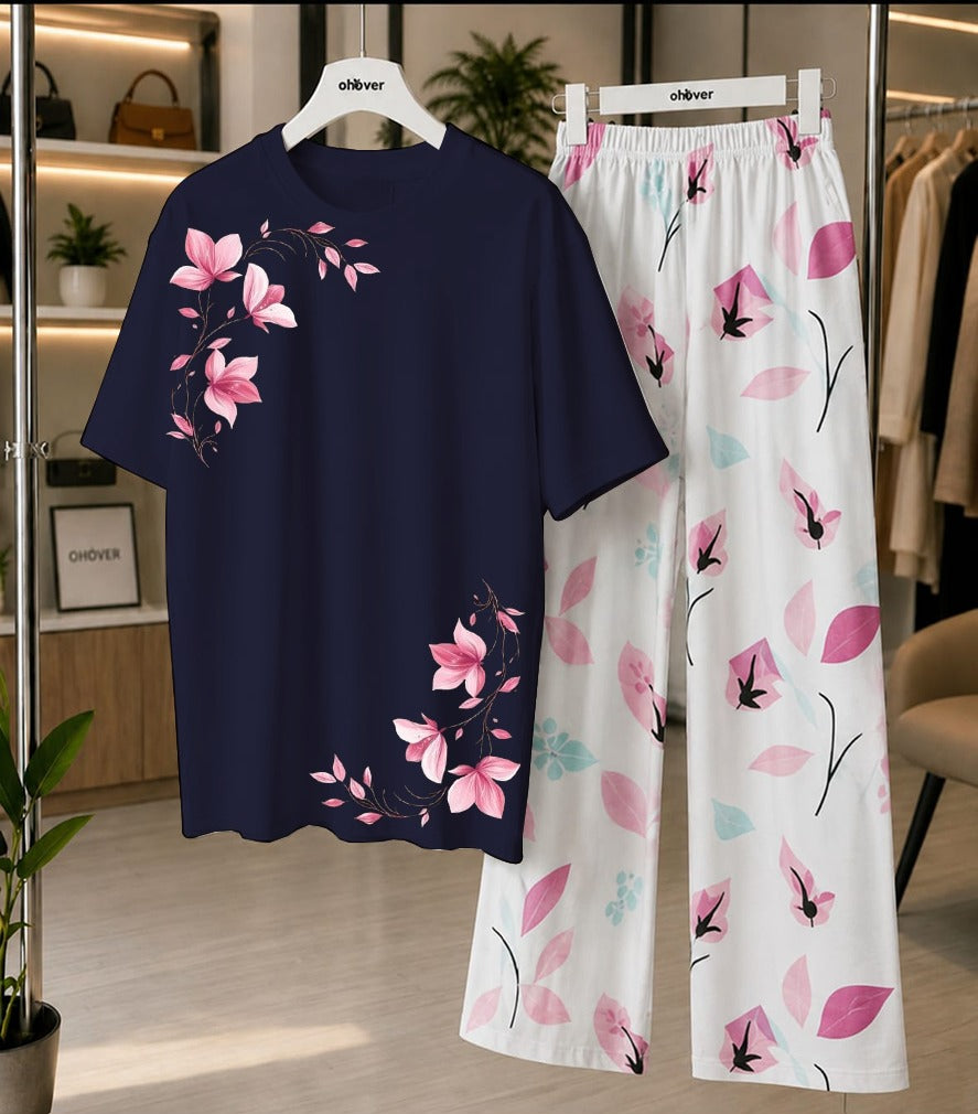 Women's Soft Jersey Printed Night Suit Set – Printed Shirt with Cotton Jersey Trouser