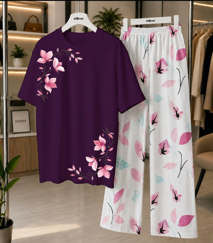 Women's Soft Jersey Printed Night Suit Set – Printed Shirt with Cotton Jersey Trouser