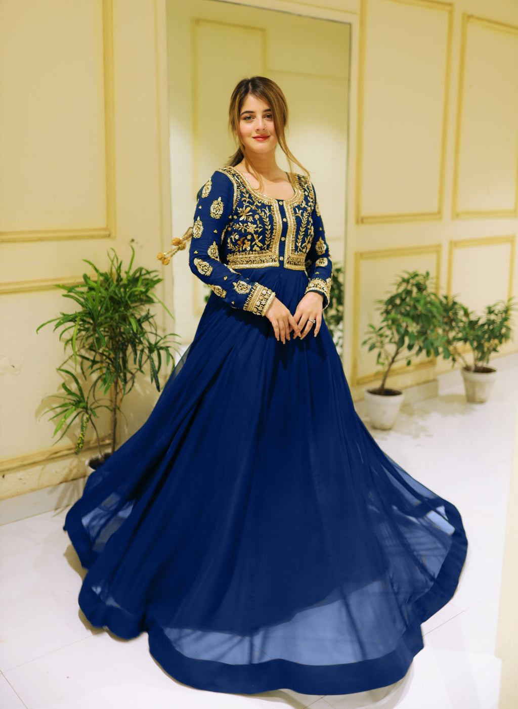 2Pcs Front Sequence Neck & Sleeves Embroidered Chiffon Maxi with Trouser
