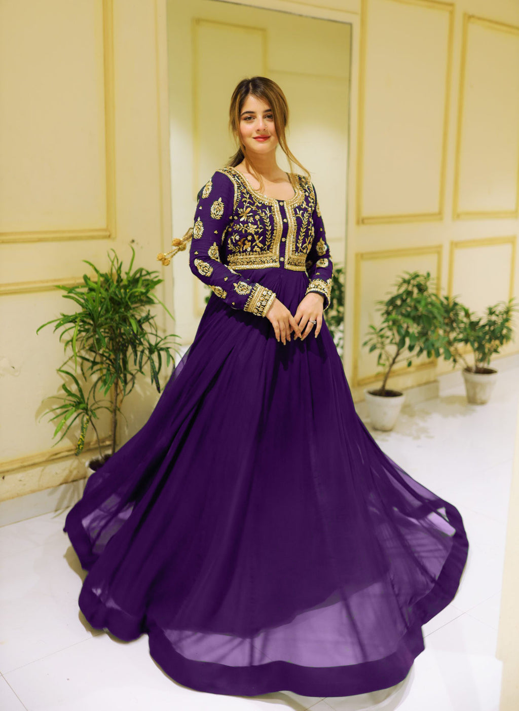 2Pcs Front Sequence Neck & Sleeves Embroidered Chiffon Maxi with Trouser
