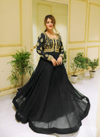 2Pcs Front Sequence Neck & Sleeves Embroidered Chiffon Maxi with Trouser