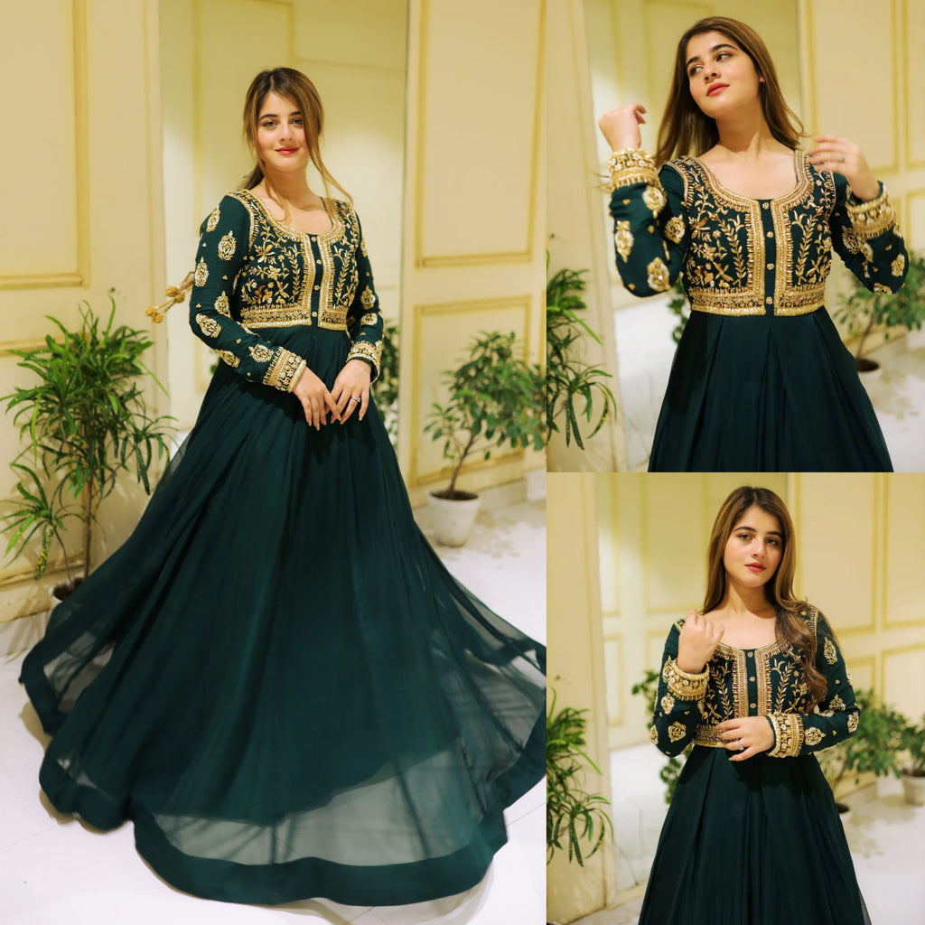 2Pcs Front Sequence Neck & Sleeves Embroidered Chiffon Maxi with Trouser