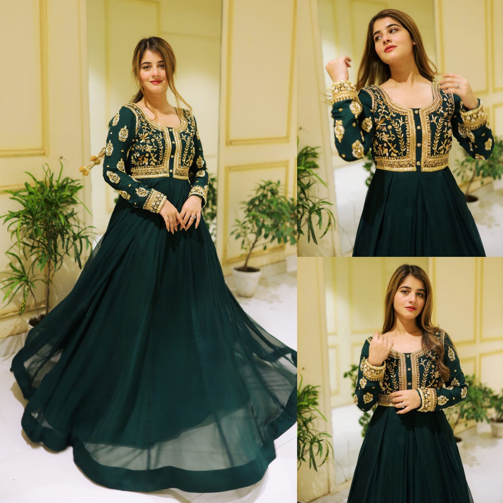 2Pcs Front Sequence Neck & Sleeves Embroidered Chiffon Maxi with Trouser