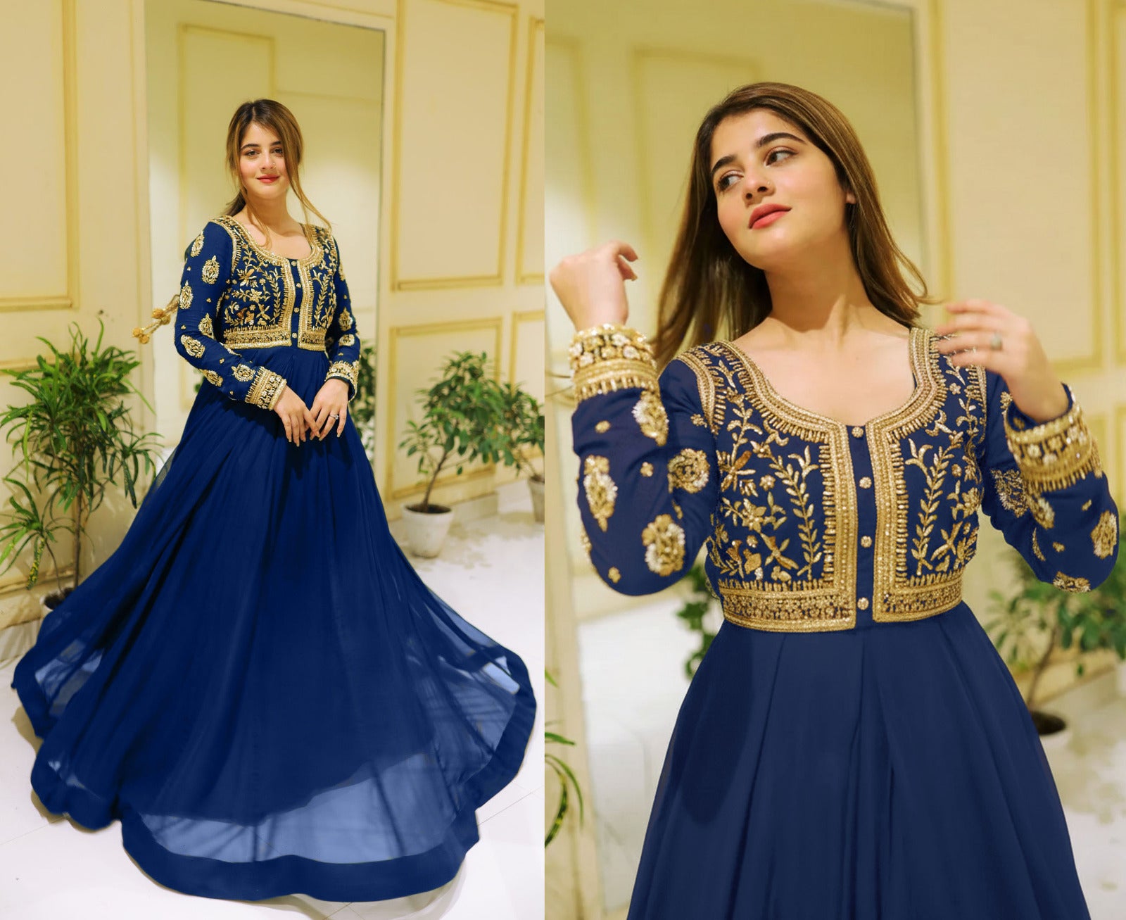 2Pcs Front Sequence Neck & Sleeves Embroidered Chiffon Maxi with Trouser