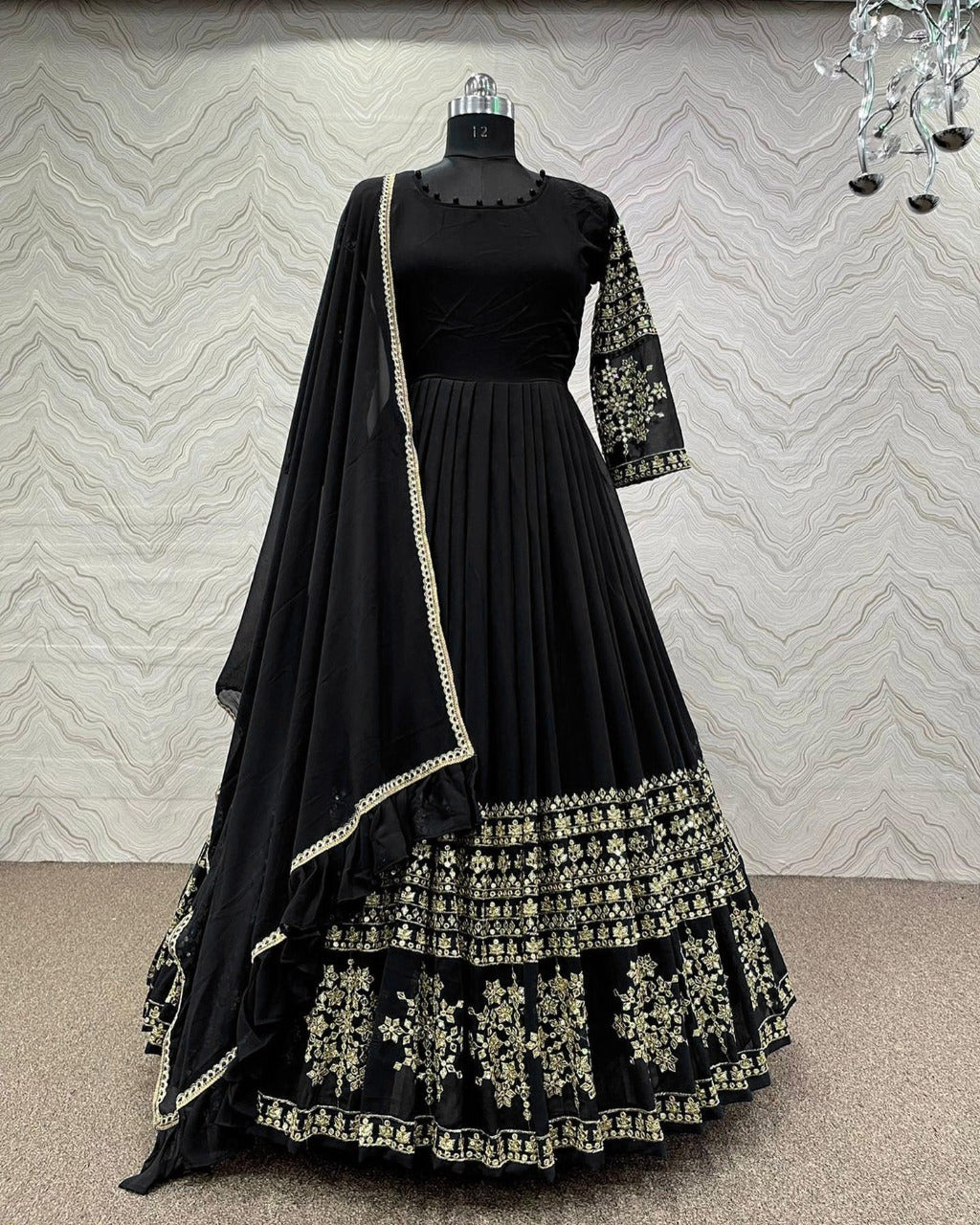 Grand Bazar™ 3Pcs Embroidered Silk Long Maxi Set | Four-Sided Lace Chiffon Dupatta & Trouser