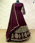 Grand Bazar™ 3Pcs Embroidered Silk Long Maxi Set | Four-Sided Lace Chiffon Dupatta & Trouser