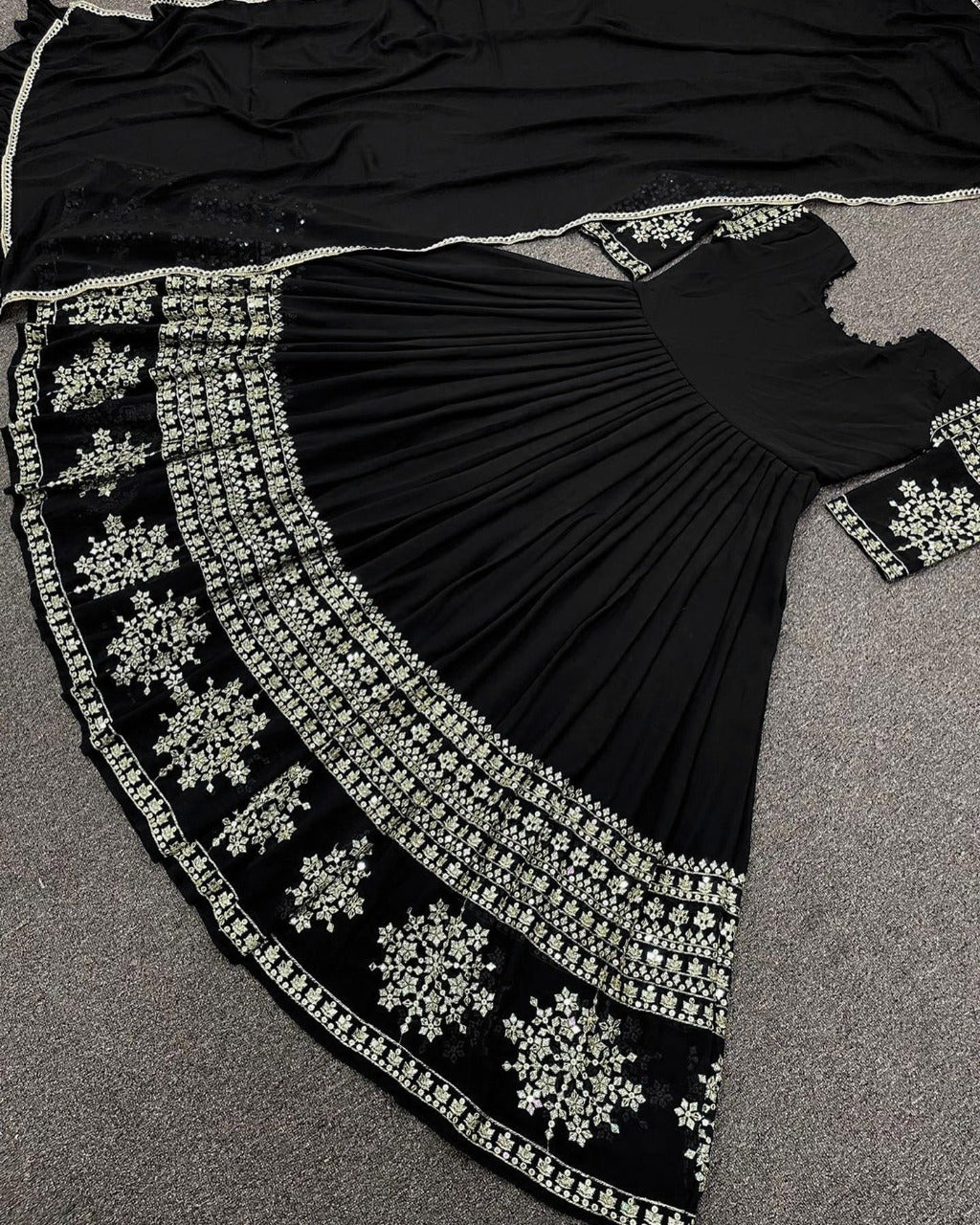 Grand Bazar™ 3Pcs Embroidered Silk Long Maxi Set | Four-Sided Lace Chiffon Dupatta & Trouser