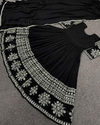 Grand Bazar™ 3Pcs Embroidered Silk Long Maxi Set | Four-Sided Lace Chiffon Dupatta & Trouser