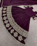 Grand Bazar™ 3Pcs Embroidered Silk Long Maxi Set | Four-Sided Lace Chiffon Dupatta & Trouser