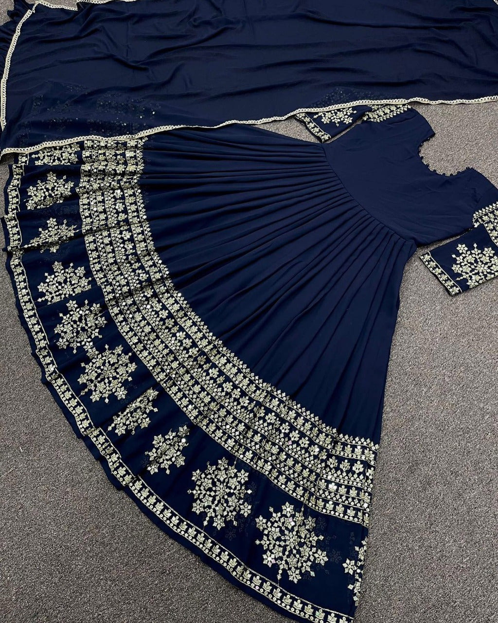 Grand Bazar™ 3Pcs Embroidered Silk Long Maxi Set | Four-Sided Lace Chiffon Dupatta & Trouser