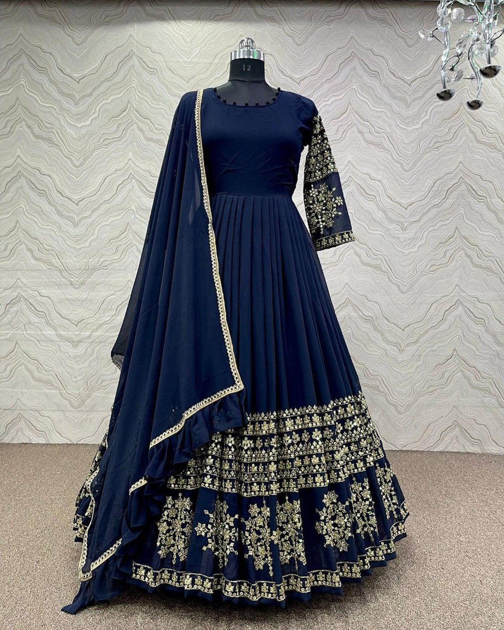 Grand Bazar™ 3Pcs Embroidered Silk Long Maxi Set | Four-Sided Lace Chiffon Dupatta & Trouser