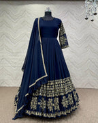 Grand Bazar™ 3Pcs Embroidered Silk Long Maxi Set | Four-Sided Lace Chiffon Dupatta & Trouser