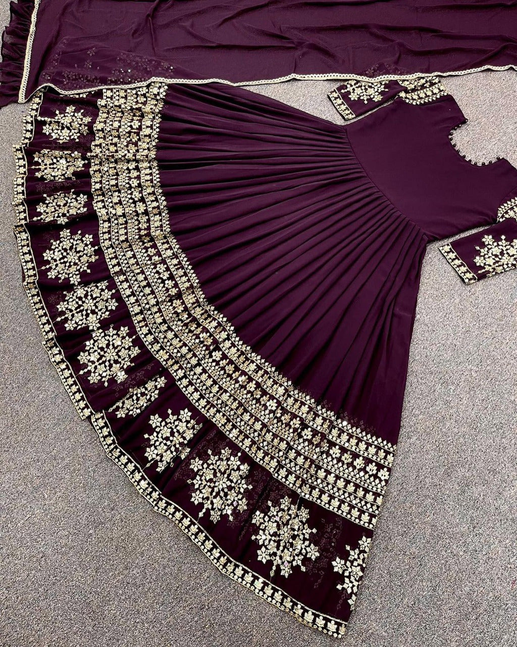 Grand Bazar™ 3Pcs Embroidered Silk Long Maxi Set | Four-Sided Lace Chiffon Dupatta & Trouser