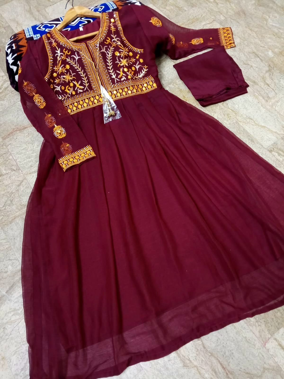 2Pcs Front Sequence Neck & Sleeves Embroidered Chiffon Maxi with Trouser
