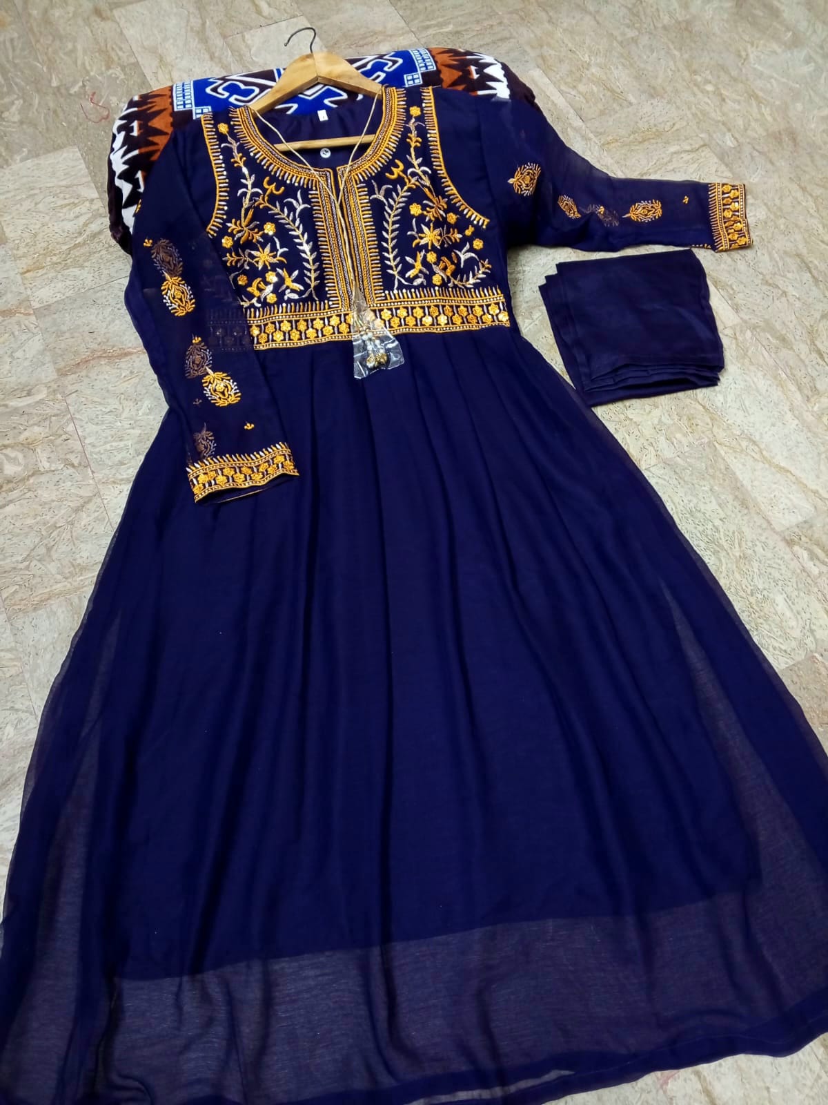 2Pcs Front Sequence Neck & Sleeves Embroidered Chiffon Maxi with Trouser