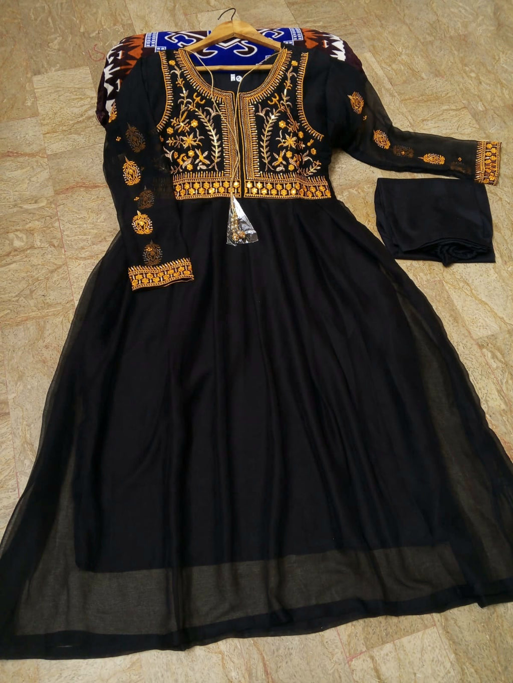 2Pcs Front Sequence Neck & Sleeves Embroidered Chiffon Maxi with Trouser