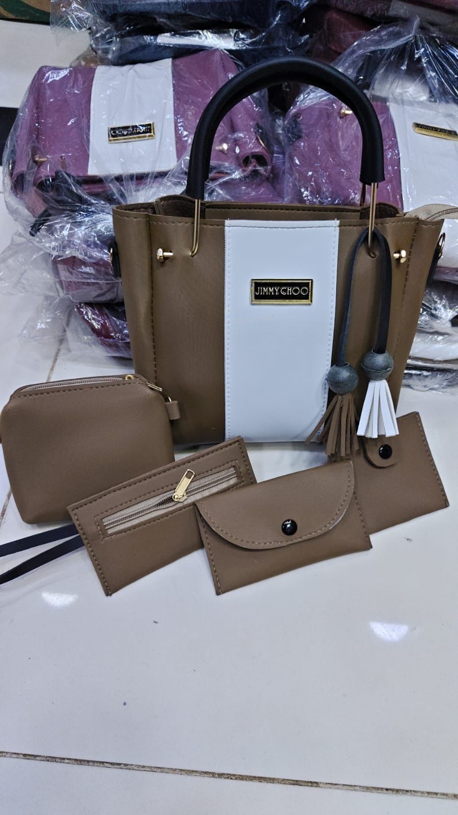 5Pcs Jimmy Choo High Quality Women's Shoulder Bag Set – Premium Medium Tote & Matching Pouches