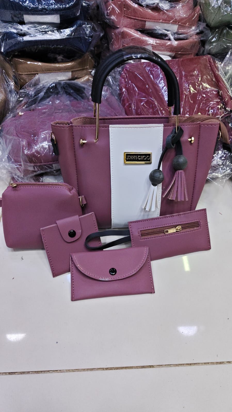 5Pcs Jimmy Choo High Quality Women's Shoulder Bag Set – Premium Medium Tote & Matching Pouches