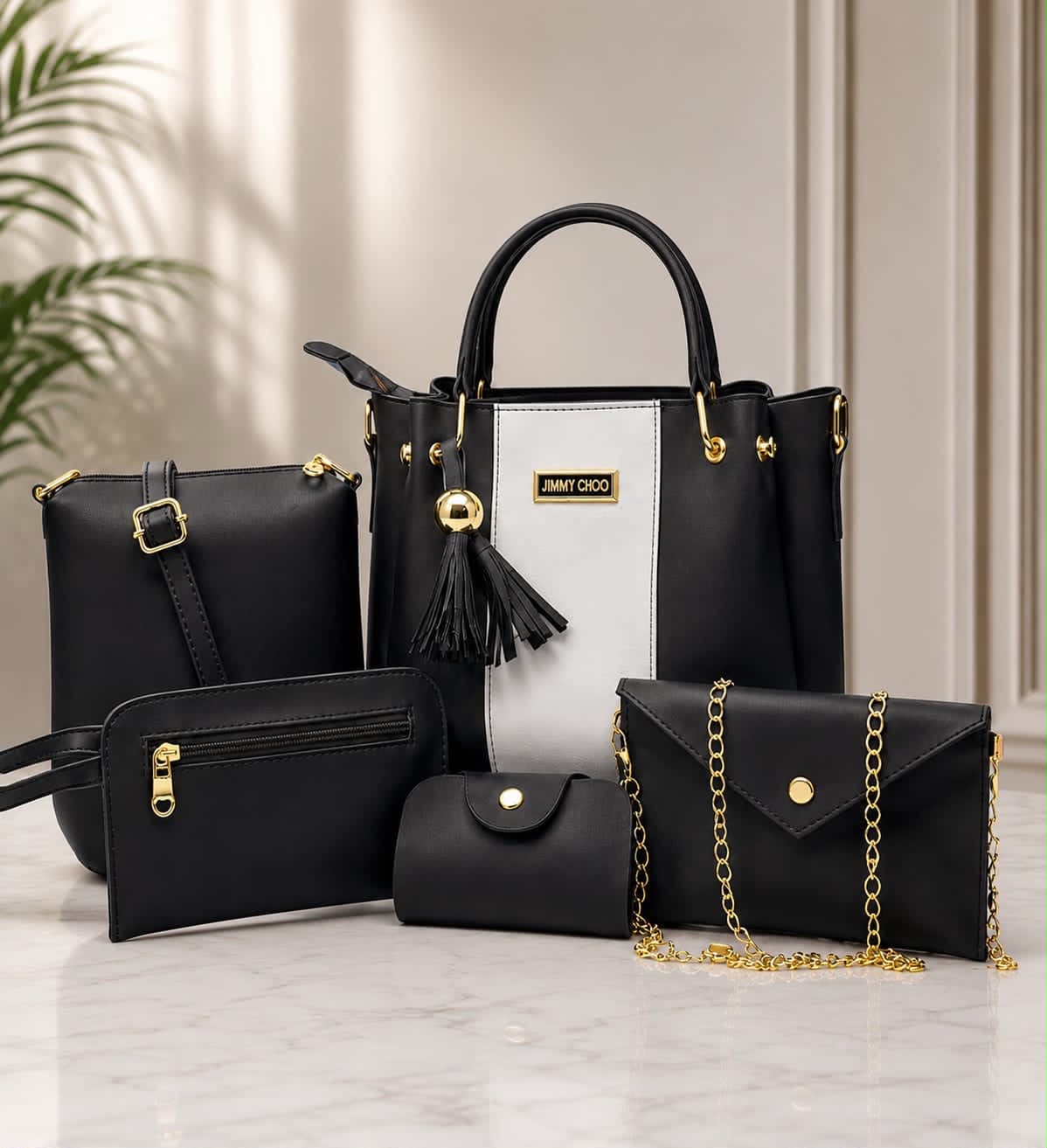 5Pcs Jimmy Choo High Quality Women's Shoulder Bag Set – Premium Medium Tote & Matching Pouches