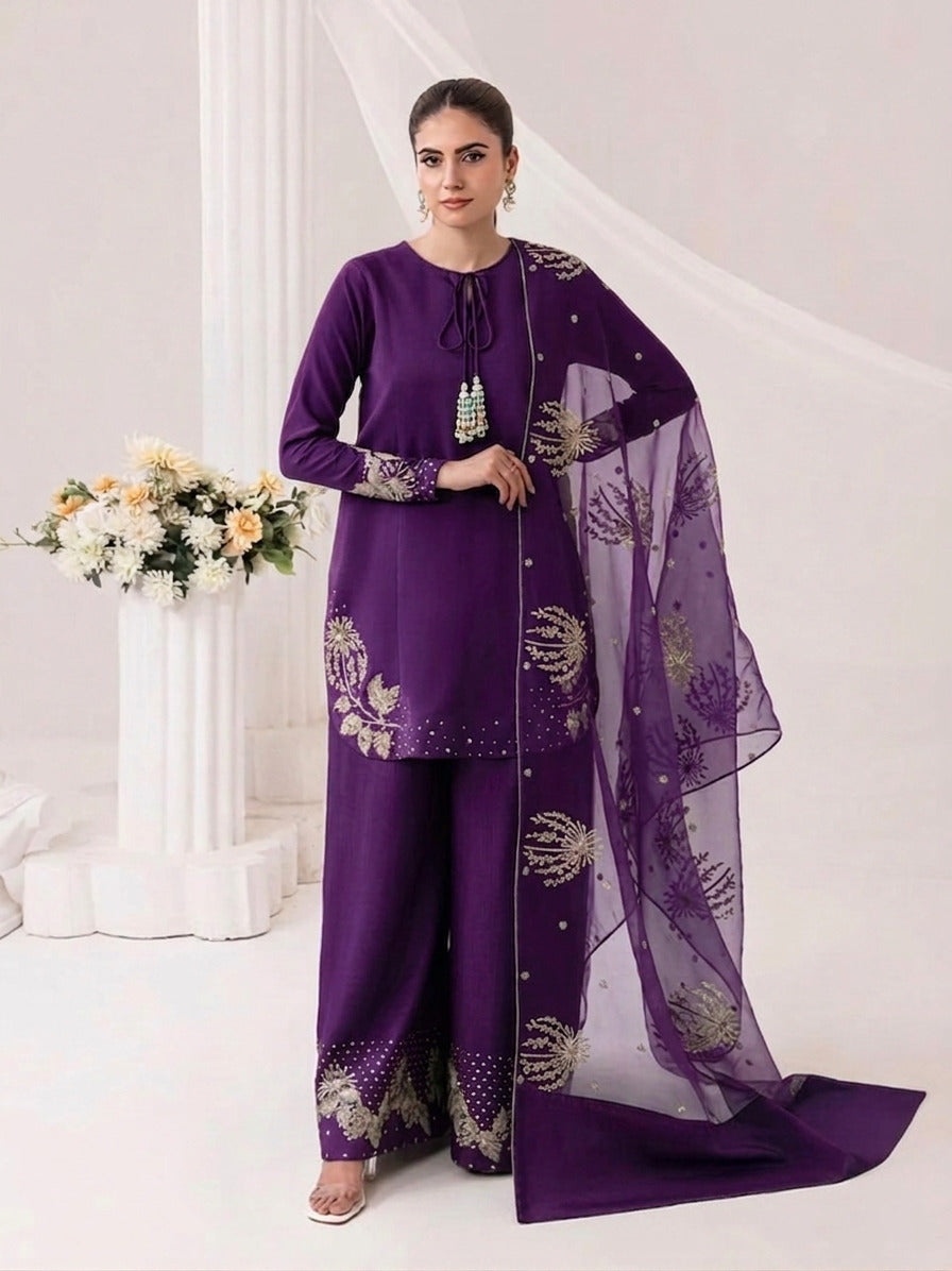 3Pcs Heavy Sequence Embroidered Raw Silk Suit with Flapper & Organza Dupatta