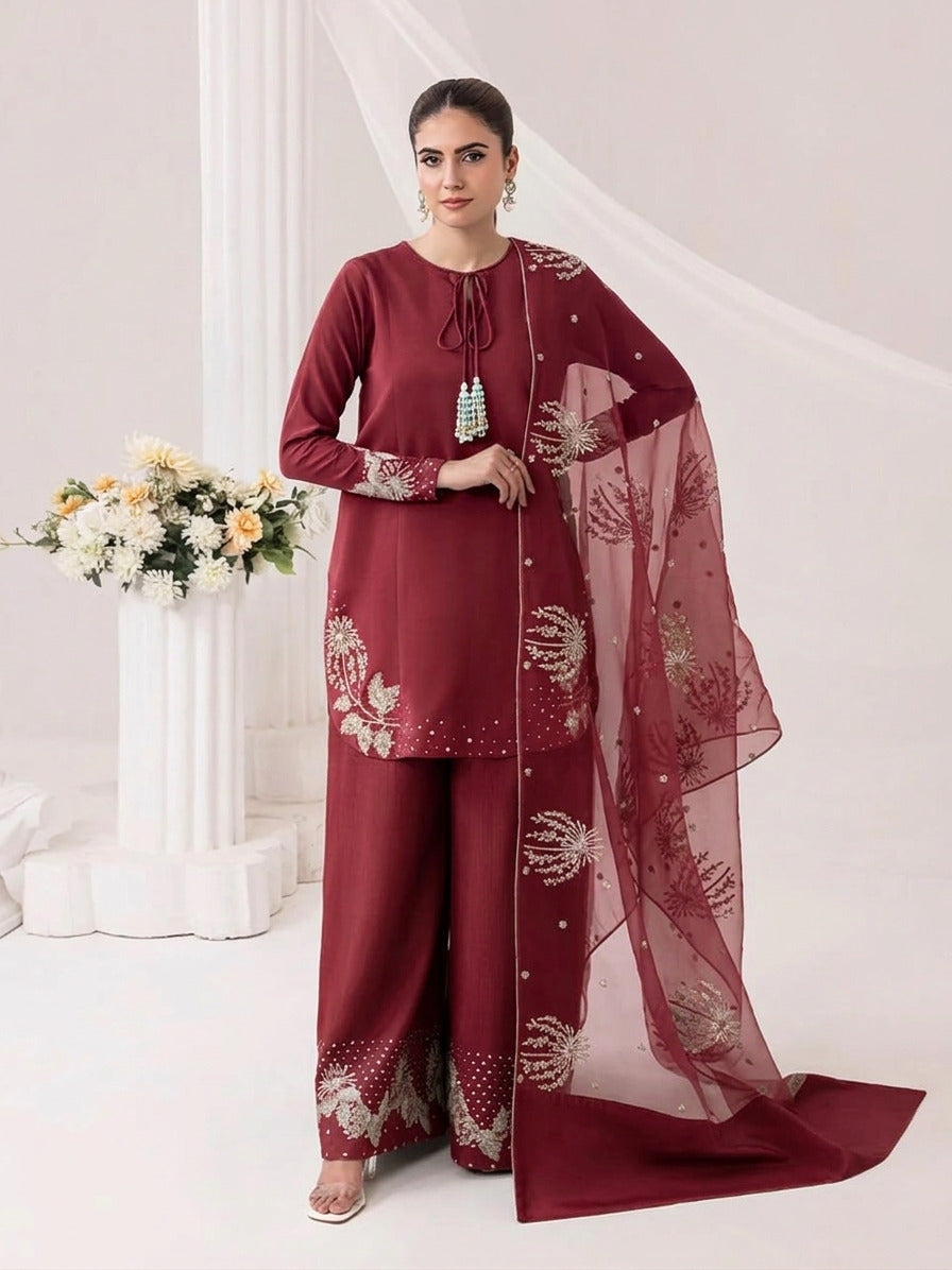 3Pcs Heavy Sequence Embroidered Raw Silk Suit with Flapper & Organza Dupatta