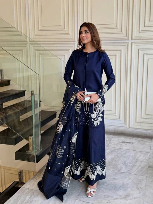 3Pcs Heavy Sequence Embroidered Raw Silk Suit with Flapper & Organza Dupatta