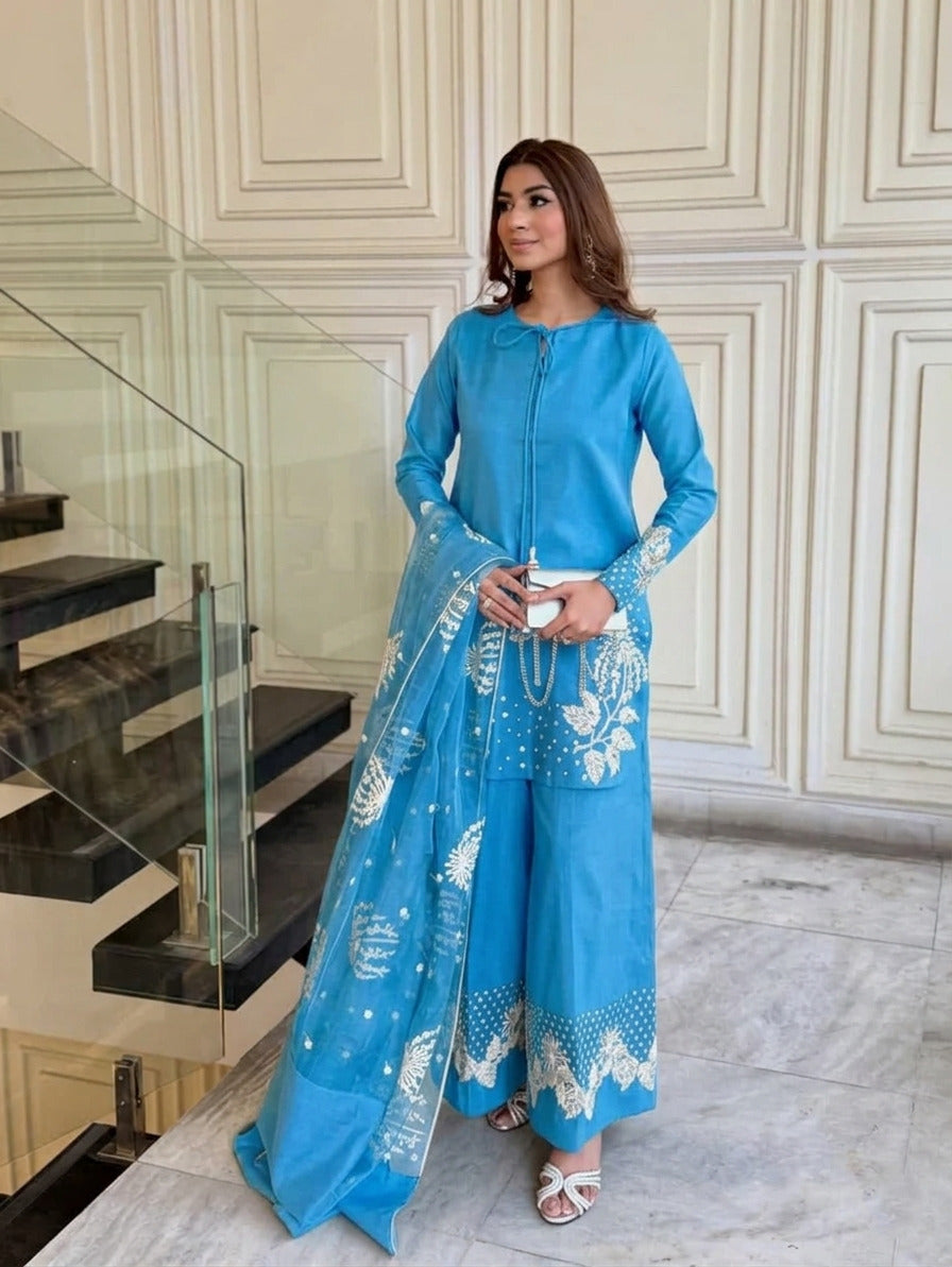 3Pcs Heavy Sequence Embroidered Raw Silk Suit with Flapper & Organza Dupatta
