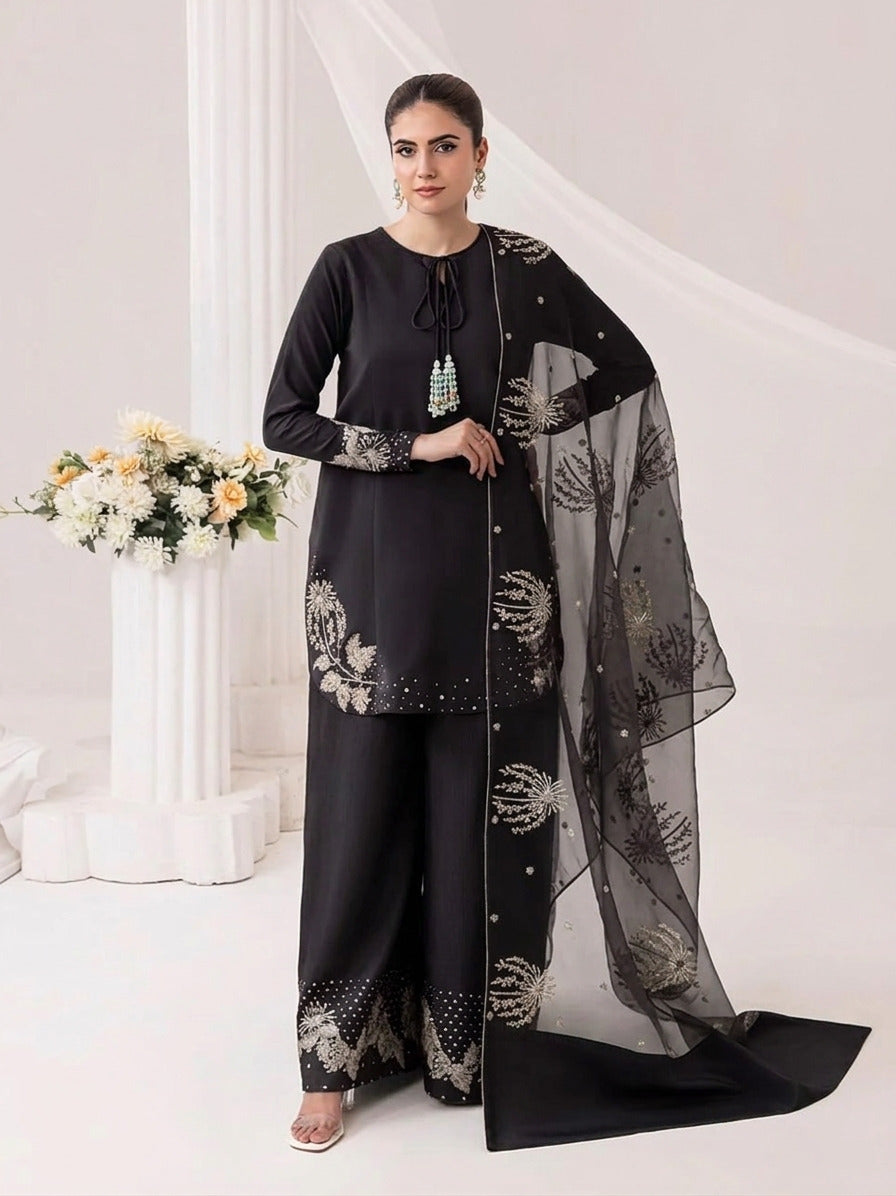 3Pcs Heavy Sequence Embroidered Raw Silk Suit with Flapper & Organza Dupatta