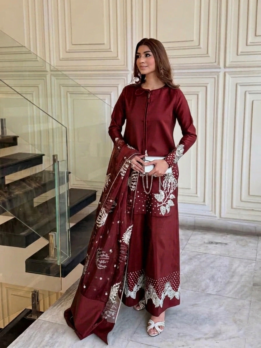 3Pcs Heavy Sequence Embroidered Raw Silk Suit with Flapper & Organza Dupatta