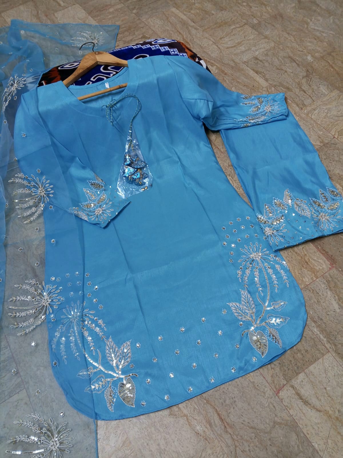 3Pcs Heavy Sequence Embroidered Raw Silk Suit with Flapper & Organza Dupatta