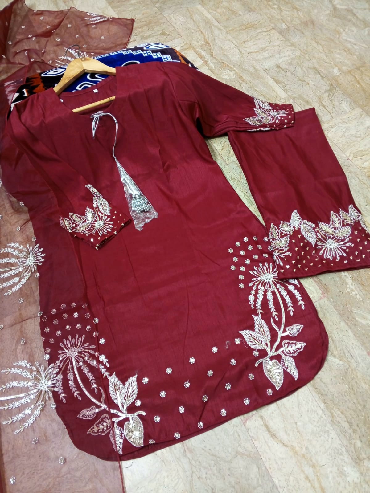 3Pcs Heavy Sequence Embroidered Raw Silk Suit with Flapper & Organza Dupatta