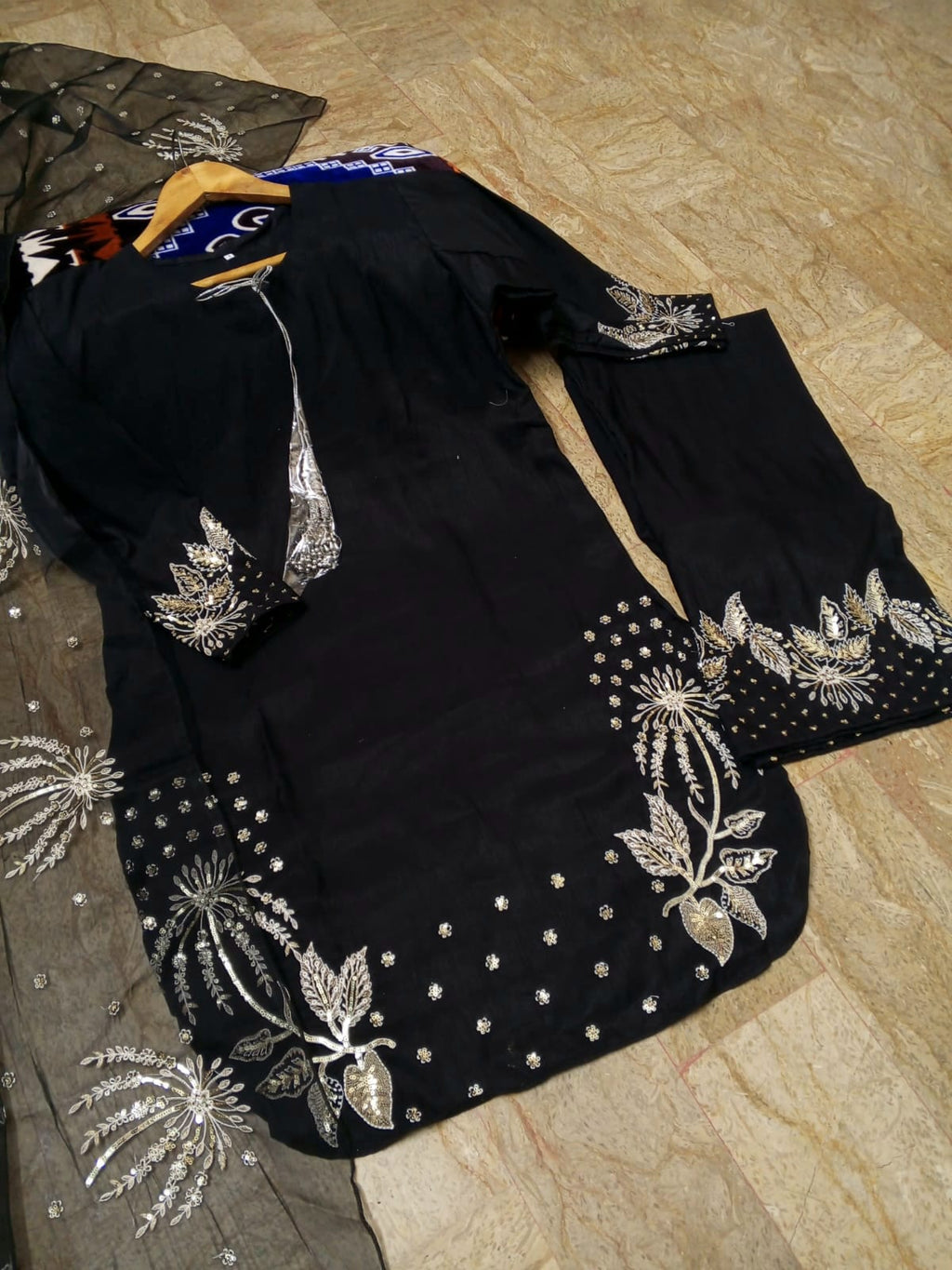 3Pcs Heavy Sequence Embroidered Raw Silk Suit with Flapper & Organza Dupatta