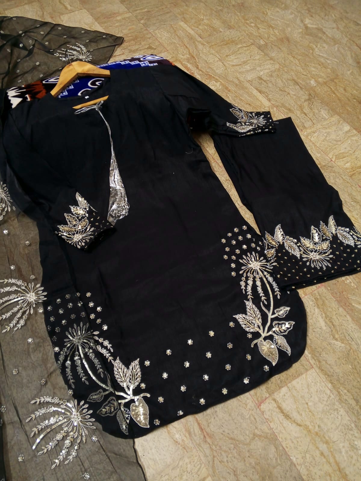 3Pcs Heavy Sequence Embroidered Raw Silk Suit with Flapper & Organza Dupatta