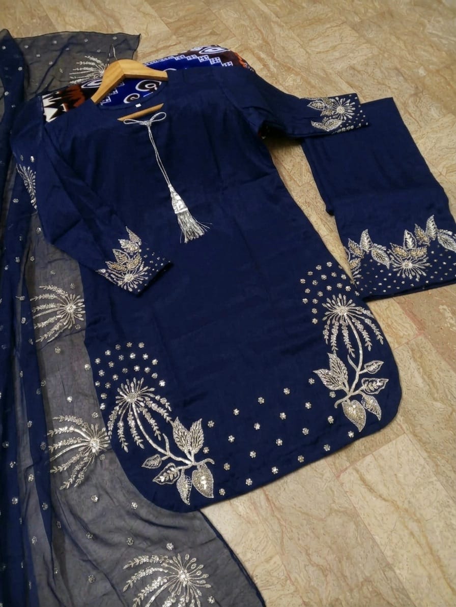 3Pcs Heavy Sequence Embroidered Raw Silk Suit with Flapper & Organza Dupatta