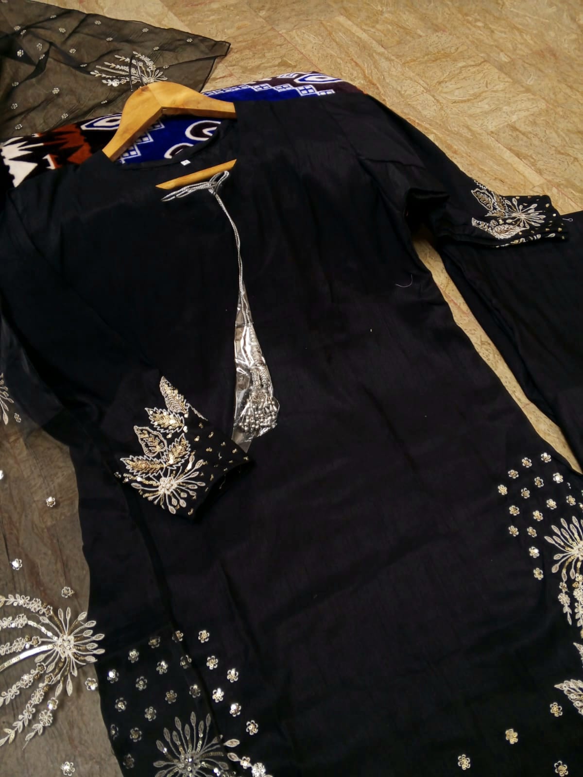 3Pcs Heavy Sequence Embroidered Raw Silk Suit with Flapper & Organza Dupatta